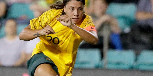 FILE - In this Feb. 28, 2019, file photo, Australia's Samantha Kerr plays against New Zealand during a Cup of Nations soccer match in Sydney, Australia. Kerr sat down on a metal bench after taking a few extra shots after a Chicago Red Stars practice. Red Stars coach Rory Dames poked fun at her competitive streak, and Kerr just laughed it off. If the Aussie star is on her way out of town, it was hard to tell on a picturesque summer afternoon in suburban Chicago. (AP Photo/Rick Rycroft, File)