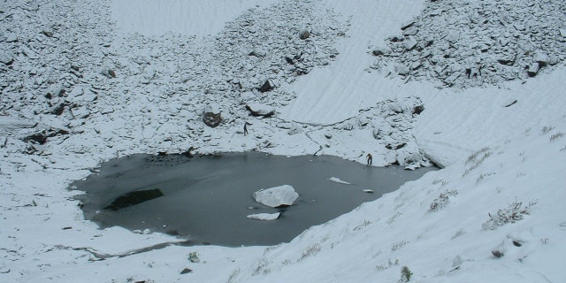 Roopkund Lake is 16,499 feet above sea level in the Indian Himalayas.