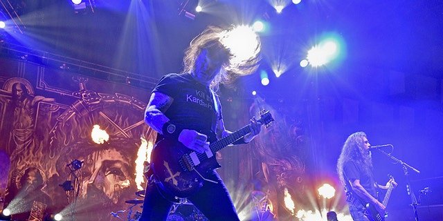 US thrash metal band Slayer, guitarist Gary Holt (L), bassist and singer Tom Araya (R) and guitarist Kerry King (2nd R), perform on stage during their "Final World Tour" at Wiener Stadthalle in Vienna, Austria, on November 23, 2018. (Photo by HERBERT NEUBAUER / APA / AFP) / Austria OUT (Photo credit should read HERBERT NEUBAUER/AFP/Getty Images)