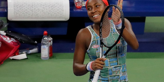Coco Gauff, of the United States, reacts after defeating Anastasia Potapova, of Russia, during the first round of the US Open tennis tournament Tuesday, Aug. 27, 2019, in New York. (AP Photo/Julie Jacobson)