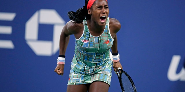 Coco Gauff. of the United States, celebrates after defeating Timea Babos, of Hungary, during the second round of the U.S. Open tennis tournament in New York, Thursday, Aug. 29, 2019. (AP Photo/Charles Krupa)