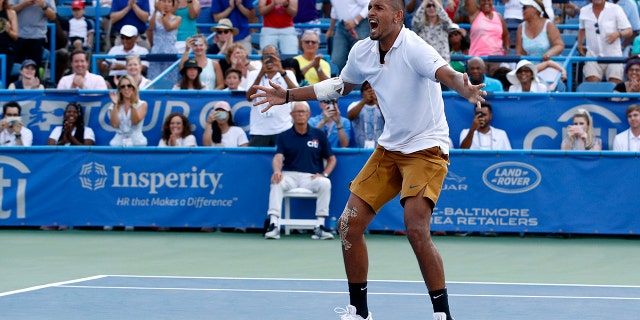 Nick Kyrgios, of Australia, reacts after defeating Daniil Medvedev, of Russia, in a final match at the Citi Open tennis tournament, Sunday, Aug. 4, 2019, in Washington. (AP Photo/Patrick Semansky)