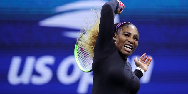 Serena Williams returns to Maria Sharapova in the first round of the U.S. Open tennis tournament in New York on Monday, August 26, 2019.