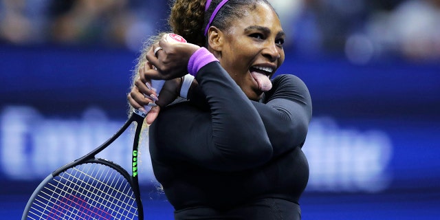 Serena Williams, of the United States, reacts after winning a point at the net against Caty McNally, of the United States, during the second round of the U.S. Open tennis tournament in New York, Wednesday, Aug. 28, 2019. (AP Photo/Charles Krupa)