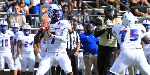 Tennessee State Tigers quarterback Demry Croft (7) drops back for a pass during Vanderbilt Commodores game against the Tennessee State Tigers at Vanderbilt Stadium, September 29, 2018 in Nashville, Tennessee. (Photo by Matthew Maxey/Icon Sportswire via Getty Images)