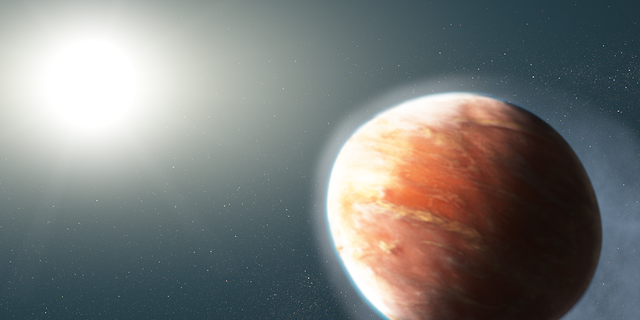 An illustration of Planet WASP-121b orbiting its host star, which is even hotter than our sun.