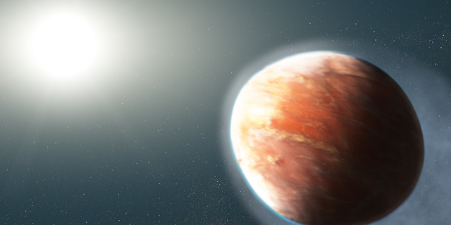 An illustration of Planet WASP-121b orbiting its host star, which is even hotter than our sun.