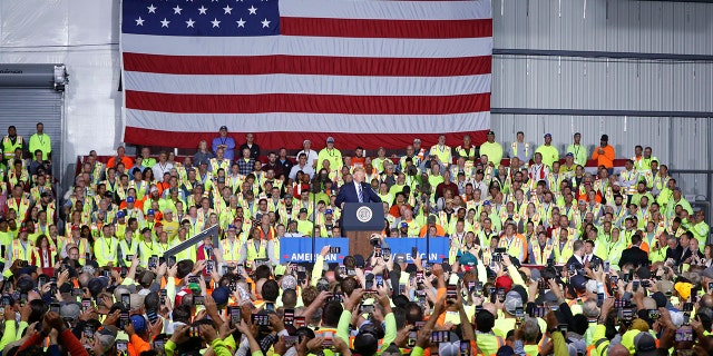 Trump spoke to a large crowd at the plant in Monaca, Pa. (AP Photo/Keith Srakocic)