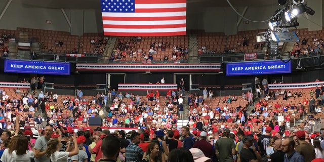 The Southern New Hampshire University Arena in downtown Manchester, NH fills up with Donald Trump supporters ahead of the president's rally, on Thursday August 15, 2019