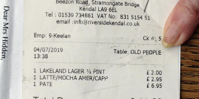 It's thought the waiter, whose identity isn't known, typed the words in a dreadful attempt to identify who the bill belonged to.