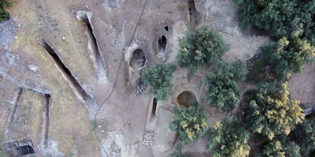 A bird's-eye view showing the two newly discovered tombs on the eastern side of the Mycenaean cemetery at Aidonia, next to tombs from a previous excavation.(Credit: Ephorate of Antiquities of Corinth)