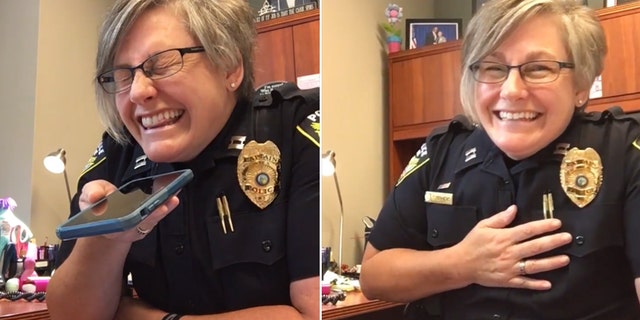 Apex Police Capt. Ann Stephens can barely contain herself as she fools the scam caller.