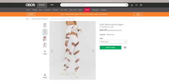 The pair of tie-dye pants sold online by ASOS is being mocked for its “poopy” color choice and placement.