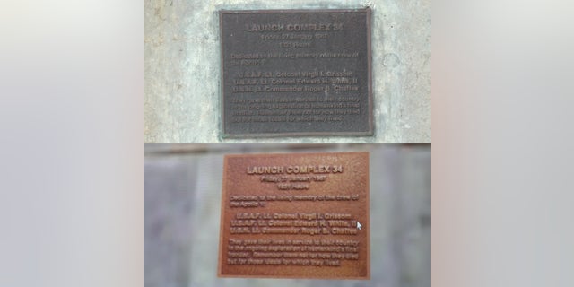 A plaque honoring the three astronauts killed in the Apollo 1 fire on Launch Complex 34. The bottom photo shows the plaque as scanned by USF's 3D imaging.