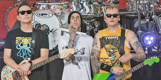 Mark Hoppus, Travis Barker and Matt Skiba of Blink-182 perform on ABC's ‘Good Morning America' at Rumsey Playfield, Central Park on July 19, 2019 in New York City. The band dropped out of the disastrous Fyre Festival over technical concerns for their staging.