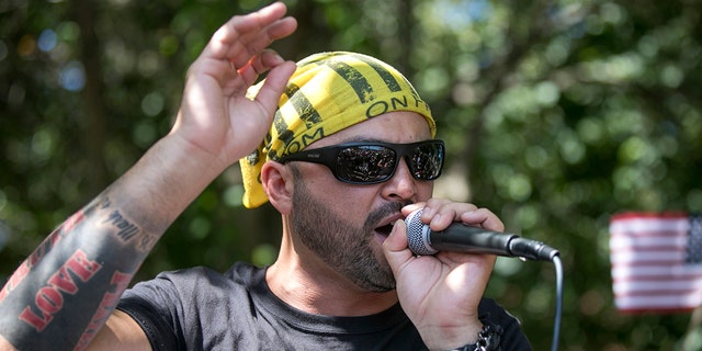 Patriot Prayer founder and rally organizer Joey Gibson speaks to his followers at a rally in Portland, Ore., Aug. 4, 2018. (Associated Press)
