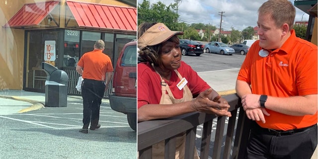 Jené Walker captured a Chick-fil-A employee walking over to a nearby Popeyes and handing out free sandwiches to Popeyes employees.
