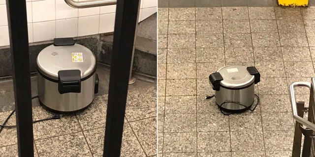 This photo provided by NYPD shows a suspicious object which looks like a pressure cooker or electric crockpot on the floor of the New York City Subway platform on Friday, Aug. 16, 2019 in New York.