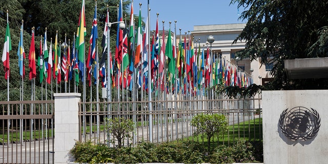 UNO United Nations Headquarters Building in Geneva, Switzerland. Main entrance