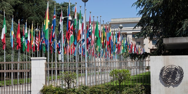 Geneva, Switzerland - June, 25th 2011: UNO United Nations Headquarters Building in Geneva, Switzerland. Main entrance