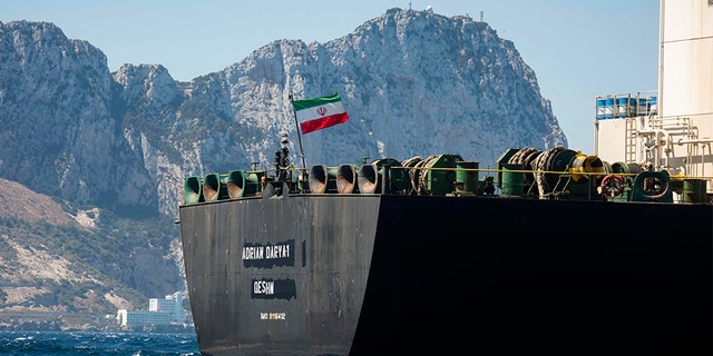 The renamed Adrian Aryra 1 supertanker is pictured sailing in the waters in the British territory of Gibraltar on Sunday. (AP)