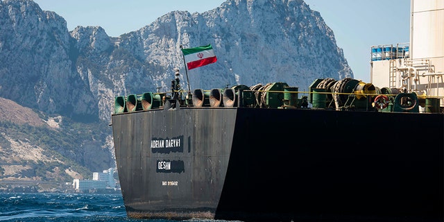 The renamed Adrian Aryra 1 supertanker is pictured sailing in the waters in the British territory of Gibraltar on Sunday. (AP)