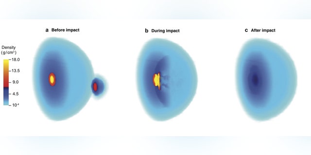 A rendering shows the effect of a major impact on the heart of a young Jupiter, as suggested by scientists Rice and Sun Yat-sen universities. They say the collision that occurred about 4.5 billion years ago could explain surprising readings from NASA 's Juno spacecraft. (Credit: Shang-Fei Liu University / Sun Yat-sen)