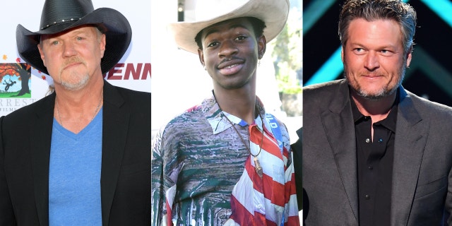 (Left to right) Trace Adkins is pictured with Lil Nas X and Blake Shelton. In Adkins' and Shelton's duet, "Hell Right," they reference Lil Nas X's smash hit "Old Town Road," but deny that they were insulting the country-rap phenomenon.