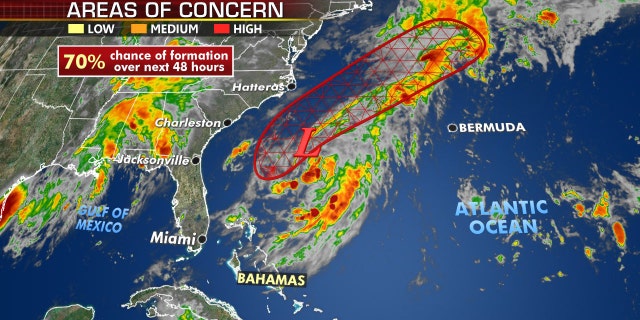 An area of low pressure off the Southeast coast could also develop over the next few days, but is not expected to affect land and only create swells and rip current along the East Coast, according to Fox News Senior Meteorologist Janice Dean.