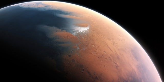 This artist’s impression shows how Mars may have looked about 4 billion years ago when almost half the planet’s northern hemisphere could have been covered by an ocean up to a mile (1.6 kilometers) deep in some places.