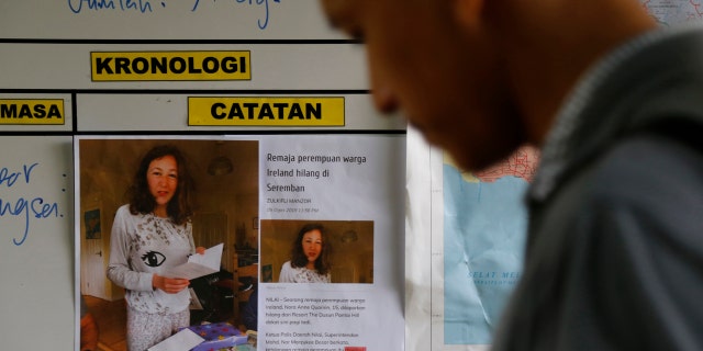 A photo of 15-year-old London girl Nora Quoirin, who went missing from The Dusun resort, is seen at a temporary operation shelter in Seremban, Negeri Sembilan, Malaysia, Tuesday, Aug. 6, 2019. (AP Photo/Lai Seng Sin)