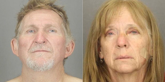 These undated combination booking photos provided by the Tucson Police Department show 56-year-old Blake Barksdale, left, and his 59-year-old wife Susan Barksdale.