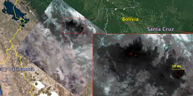 The NASA ECOSTRESS captured a snapshot of fires burning in the Bolivian Amazon on August 23, 2019.