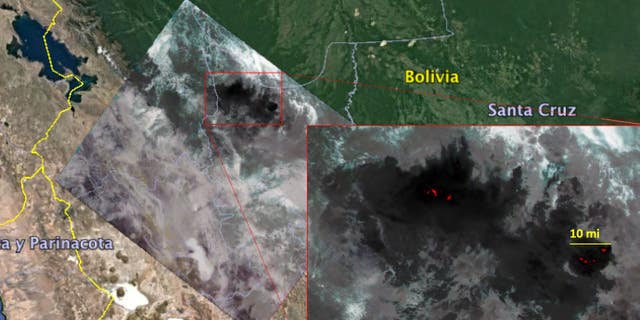 The NASA ECOSTRESS captured a snapshot of fires burning in the Bolivian Amazon on August 23, 2019.