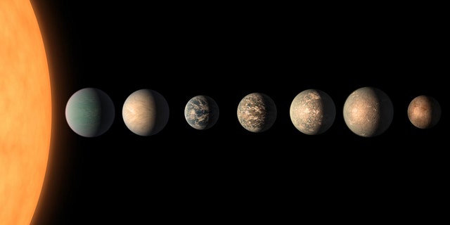 This artist's concept shows what the TRAPPIST-1 planetary system may look like, based on available data about the planets' diameters, masses and distances from the host star, as of February 2018. 3 of the 7 exoplanets are in the 'habitable zone', where liquid water is possible. (Credit: NASA/JPL-Caltech)