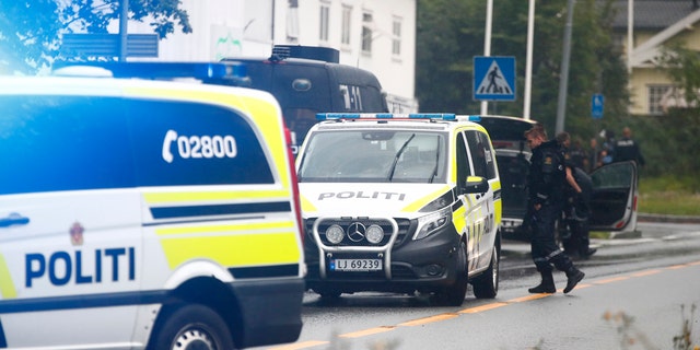 Police attend the scene after a shooting inside the al-Noor Islamic center mosque in Baerum outside Oslo, Norway, Saturday Aug. 10, 2019.