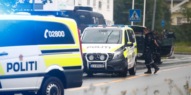 Police attend the scene after a shooting inside the al-Noor Islamic center mosque in Baerum outside Oslo, Norway, Saturday Aug. 10, 2019.