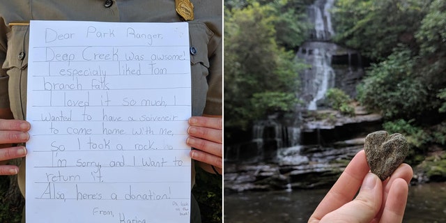 Park officials posted an image to Facebook of the adorable letter sent to them by a young visitor named Karina who took a rock home from the Tom Branch Falls on a recent trip. 