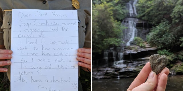 Park officials posted an image to Facebook of the adorable letter sent to them by a young visitor named Karina who took a rock home from the Tom Branch Falls on a recent trip.