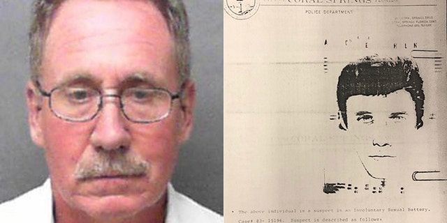 Mugshot of 2017 for Timothy Norris, 60 years old. He was charged on Friday for raping a woman in Coral Springs, Florida, in 1983. The photo on the right shows a 1983 flyer of the suspect in this case.