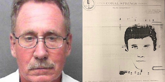 Mugshot from 2017 for Timothy Norris, 60. He was charged Friday with raping a woman in Coral Springs, Fla., in 1983. Photo right shows a 1983 flyer of the suspect in that case.