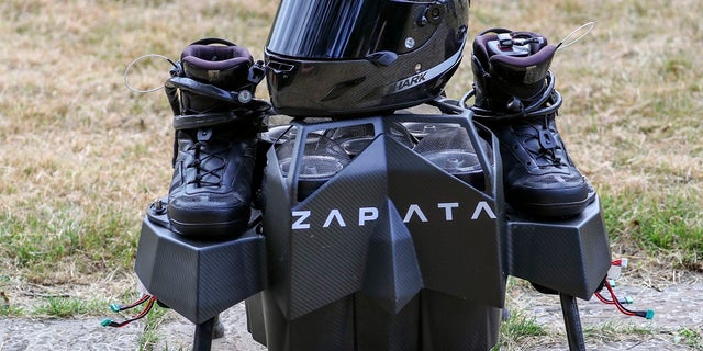 The jet-powered hover-board used by French inventor Franky Zapata to cross the English Channel to Dover on Sunday, Aug. 4, 2019. (Steve Parsons/PA via AP)