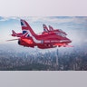 The Royal Air Force flight team, the Red Arrows fly above New York City during a flyover for the New York International Air Show, Aug. 22, 2019.