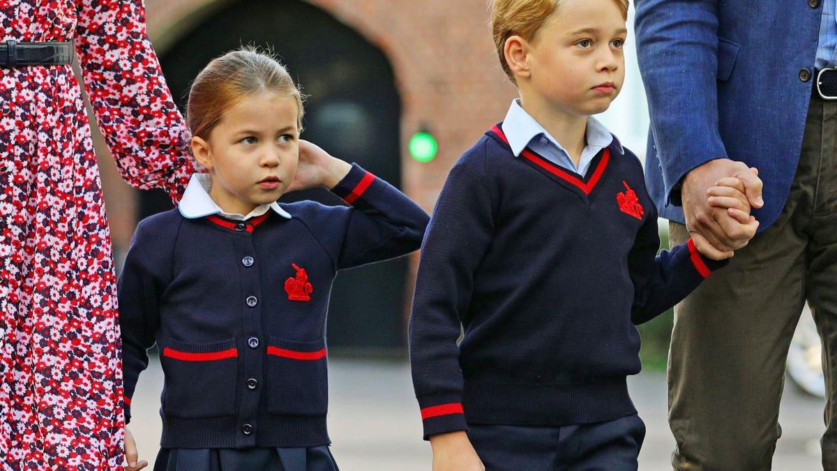 LONDON, UNITED KINGDOM - SEPTEMBER 5: Princess Charlotte arrives for her first day of school at Thomas's Battersea in London, with her brother Prince George and her parents the Duke and Duchess of Cambridge on September 5, 2019 in London, England. (Photo by Aaron Chown - WPA Pool/Getty Images)