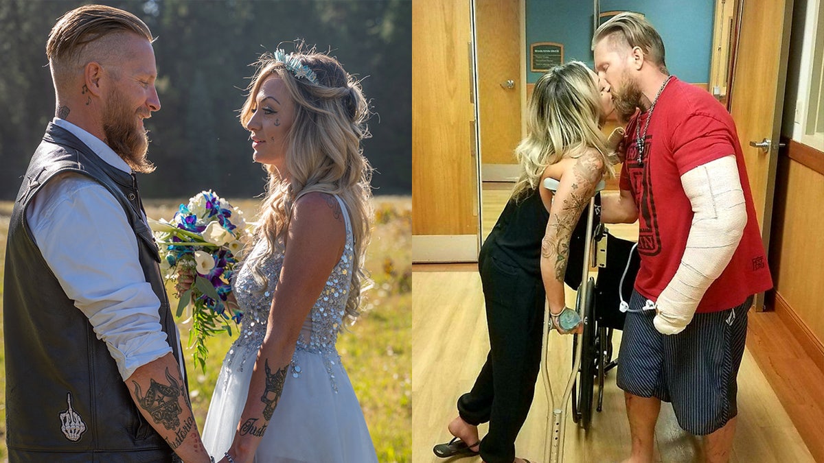 Justin Reid, 36, and Victoria Hemenes, 31, recently collided with a deer in a terrifying accident three weeks before they planned on riding a motorbike up the aisle. The crash left Reid with a dislocated elbow and in need of a painful skin graft, while Hemenes suffered whiplash, a concussion and needed eight stitches in her knee.