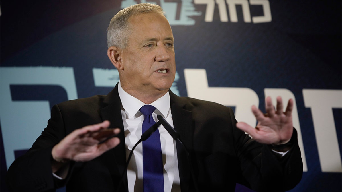 Blue and White party leader Benny Gantz delivering a statement in Tel Aviv this past Thursday.