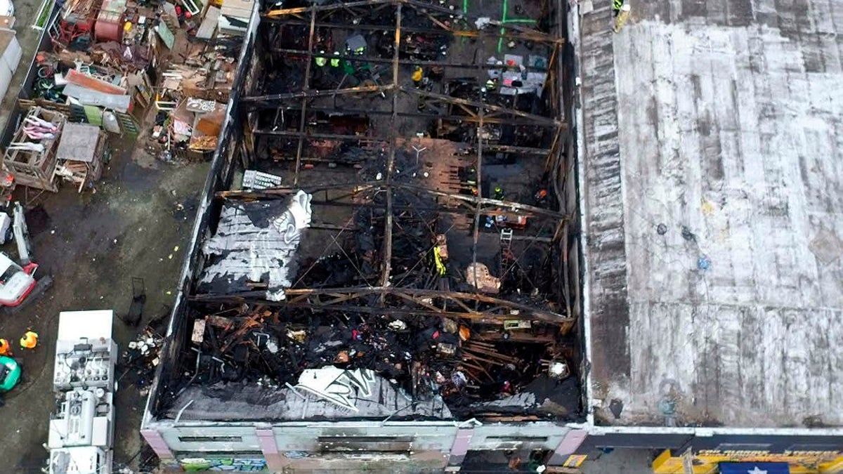 The burned warehouse after the deadly fire that broke out on Dec. 2, 2016, in Oakland, Calif. (City of Oakland via AP, File)