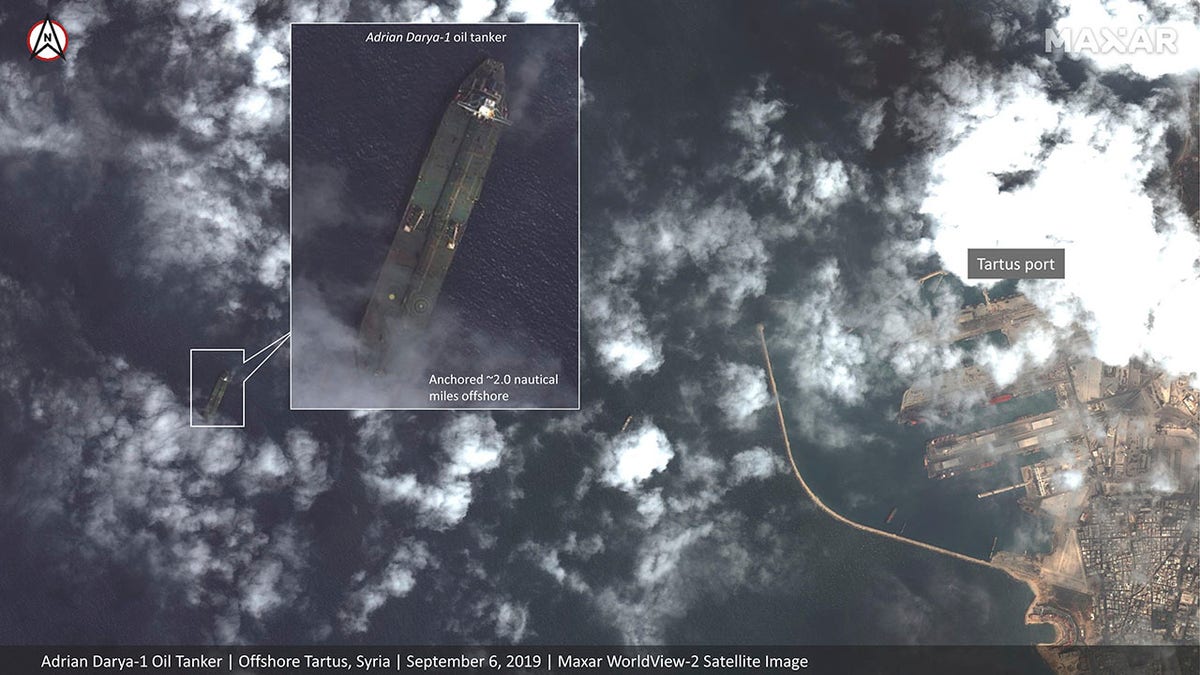 This satellite image provided by Maxar Technologies appears to show the Iranian oil tanker Adrian Darya-1 off the coast of Tartus, Syria, Sept. 6, 2019.<br>
(Maxar Technologies via AP)