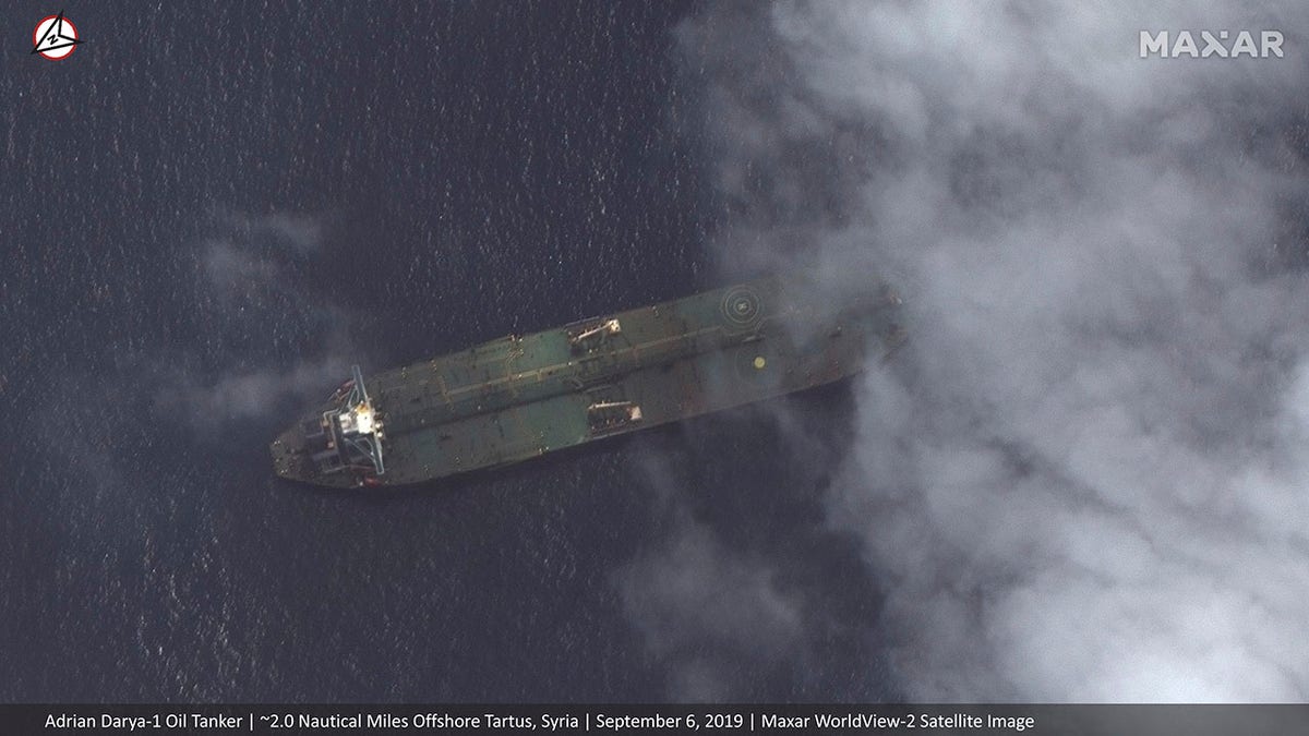 This satellite image provided by Maxar Technologies appears to show the Iranian oil tanker Adrian Darya-1 off the coast of Tartus, Syria, Sept. 6, 2019. (Maxar Technologies via AP)