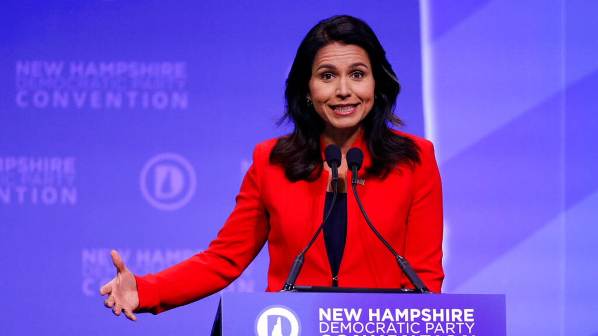 Democratic presidential candidate U.S. Rep. Tulsi Gabbard, D-Hawaii, speaks during the New Hampshire state Democratic Party convention, Saturday, Sept. 7, 2019, in Manchester, NH. 